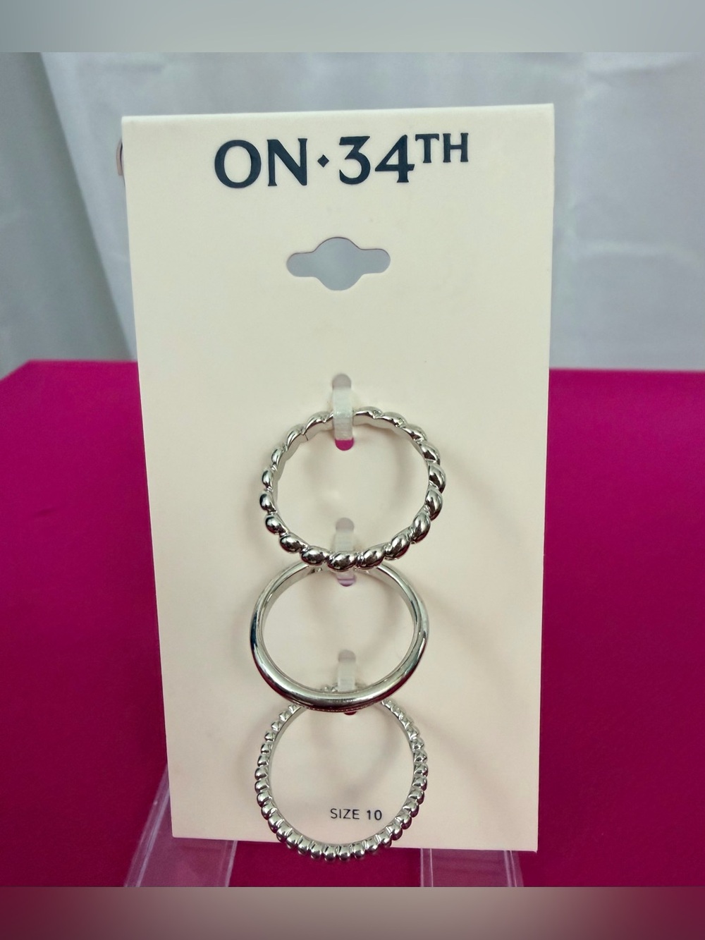 ON·34TH Silver Twist RHO Plated Stackable Ring Trio - Size 10. NWT